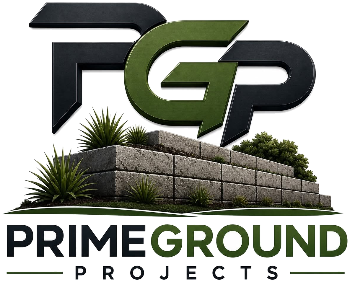 PrimeGround Projects — PGP monogram over a block retaining wall